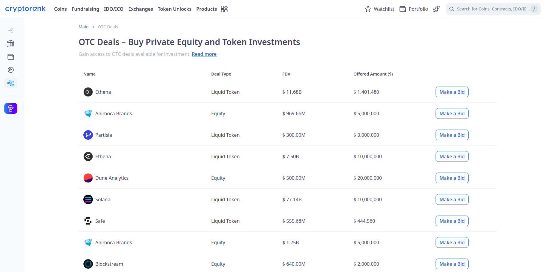 Cryptorank Deals Page